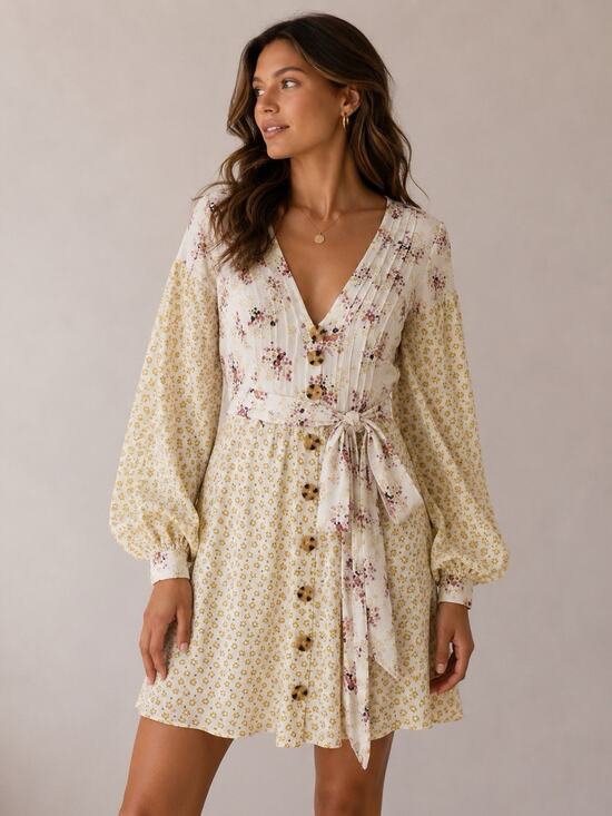 Free People Dresses & Skirts - Free People Wonderland Floral Mini Dress S Puff Sleeve Cottagecore Prairie Boho
